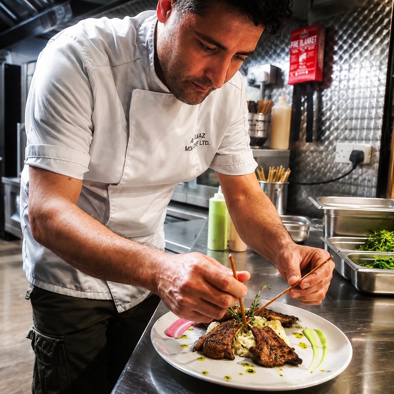 Chef Aytac preparing a plated dish