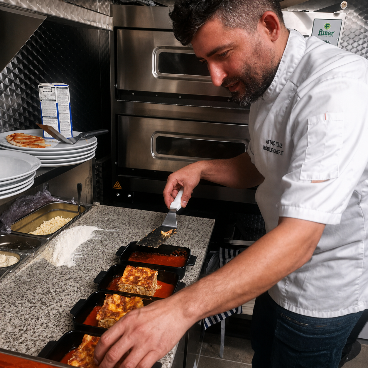 Chef working with cooked food in a professional kitchen