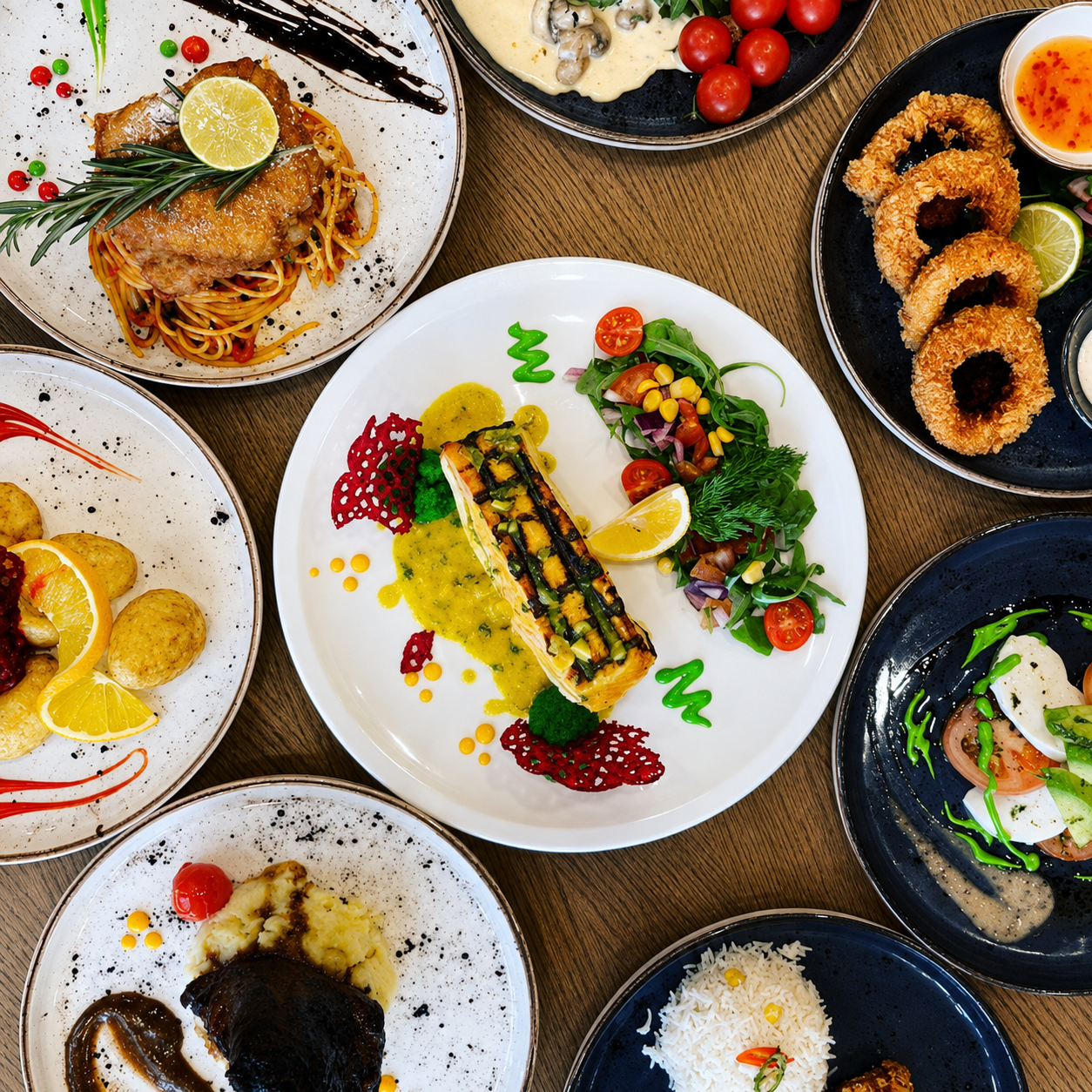Colourful private dining dishes arranged on a table