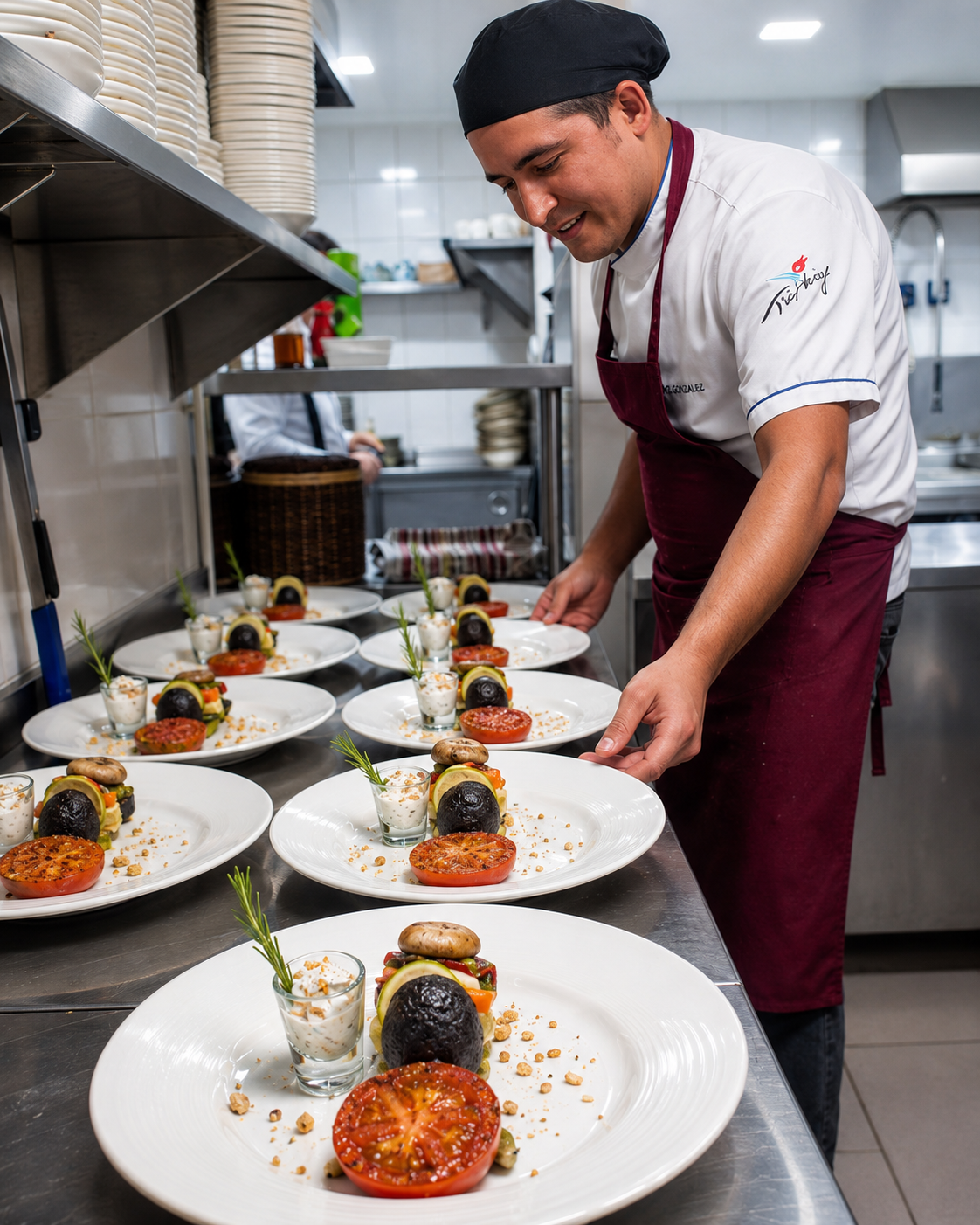 Chef preparing many plated dishes in a commercial kitchen